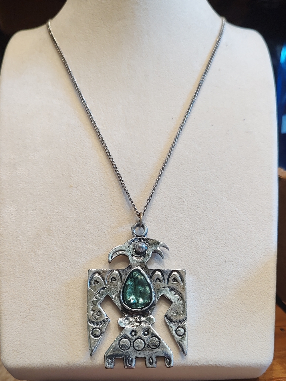Native American Southwest Design Thunderbird Faux Turquoise Pendant And Chain
